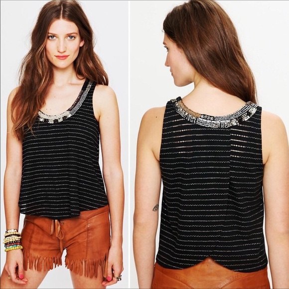 🐞3/$22 Free People Aztec Louie Embroidered Beaded Sequined Metallic Tank Top Med - Picture 1 of 7